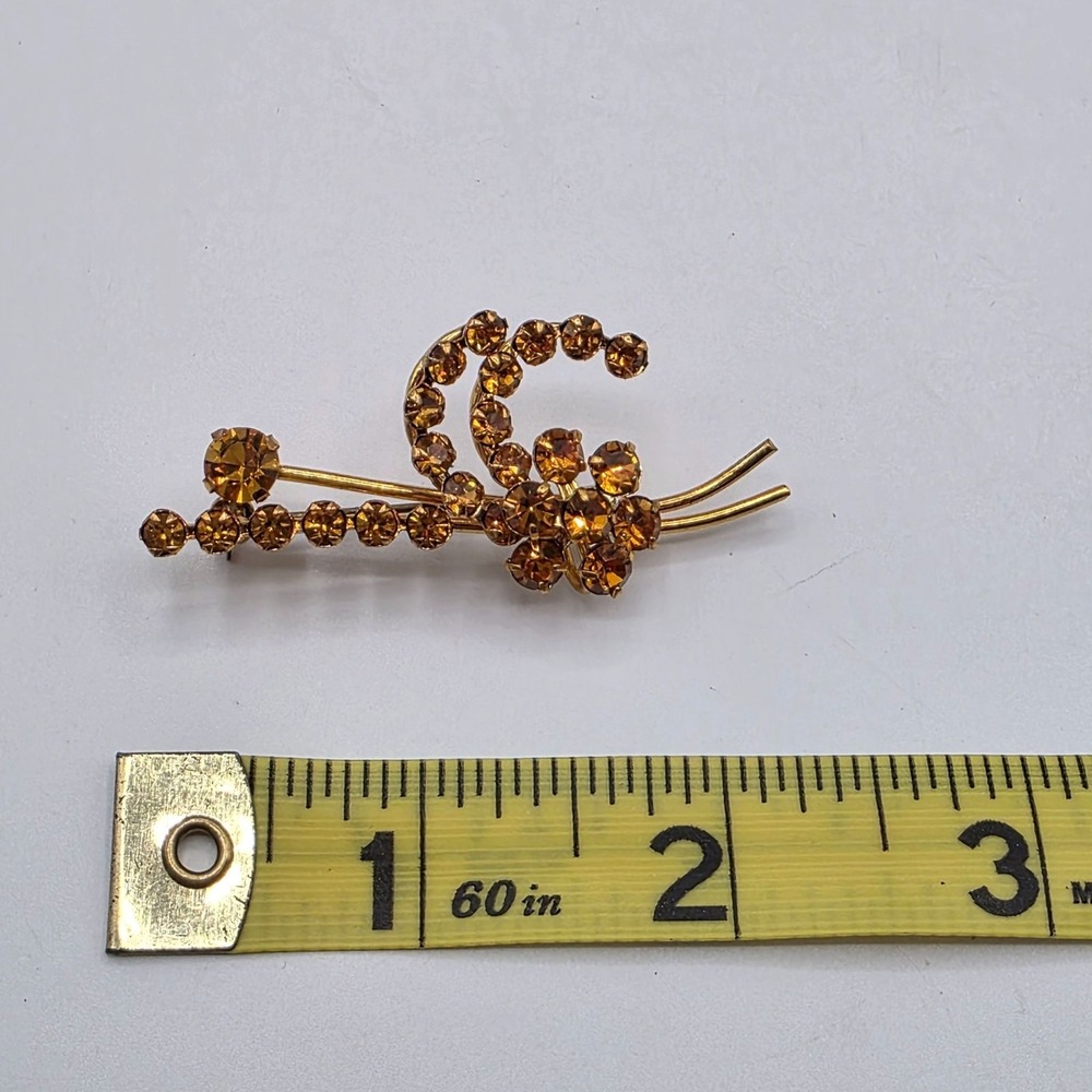 Vintage Austrian Amber Rhinestone Floral Spray Brooch Pin Gold Tone Signed - Picture 4 of 9